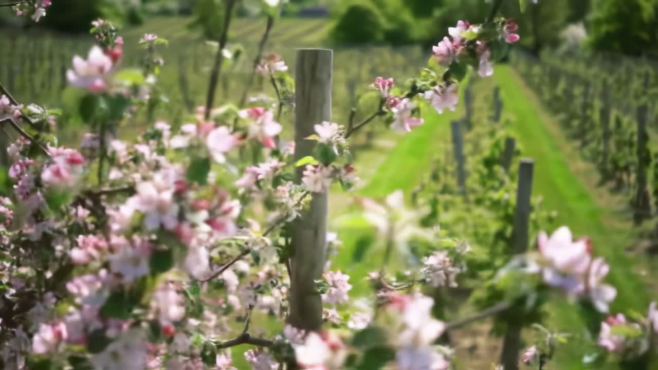 A Serene Spring Day in a Vibrant Vineyard Surrounded by Blooming Apple Trees and Lush Green Rows, Capturing the Beauty of Nature and Growth