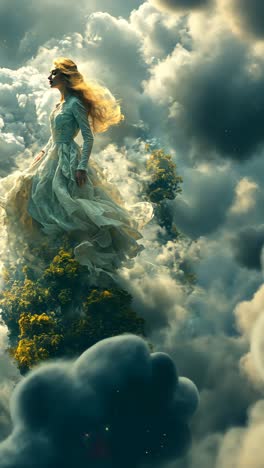 elegant figure surrounded by clouds and greenery in a dreamlike landscape