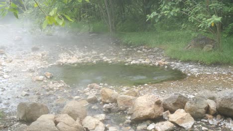 steaming natural hot spring pool in pai, thailand, surrounded by rocks, mist, and lush greenery, captured in tranquil daylight