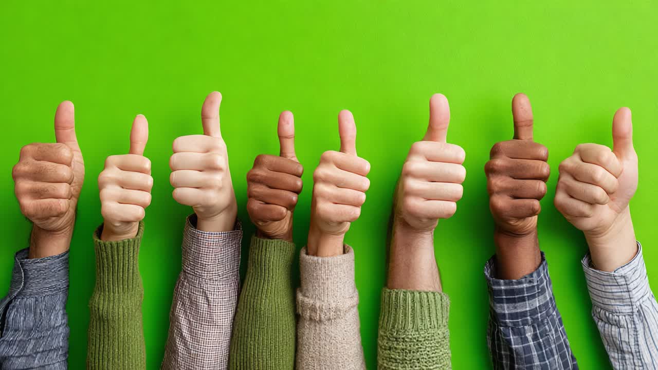 Muestra de unidad y positividad: varias manos levantando el pulgar contra un fondo verde vibrante para transmitir ánimo y apoyo