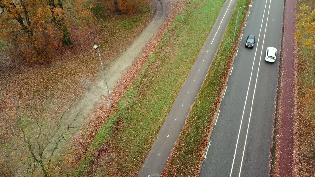 Aerial view of a road with cars and autumn foliage