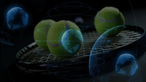 four tennis balls resting on racket strings glowing with blue holographic globes and data patterns