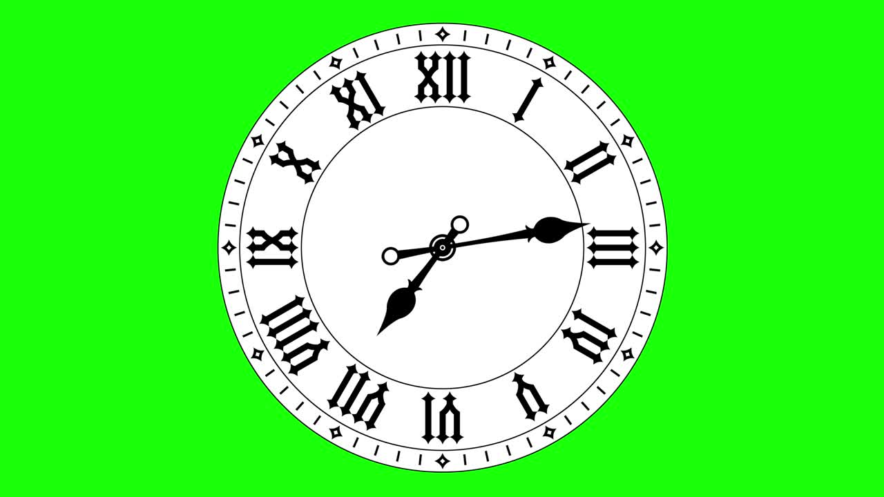 Round clock loop motion from noon to midnight. Roman numerals on flat black clock face. Animated 4k video