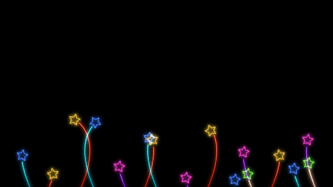 Blue yellow pink green color glow flowers stars grow and faded on the black screen