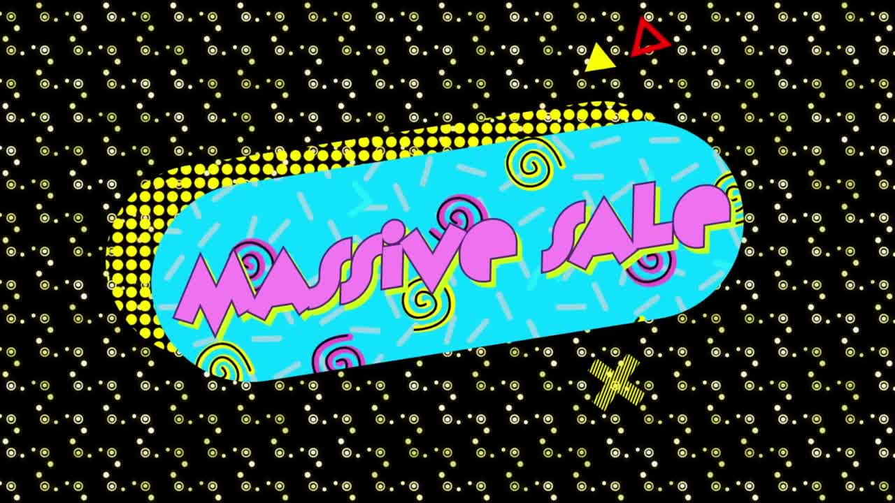 움직이는 모양 위에 대량 판매 텍스트의 애니메이션