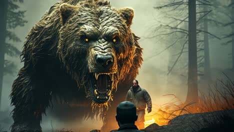encountering a massive bear in a mystical forest at dusk