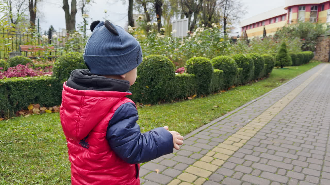 Adorable Caucasian toddler in warm clothes walks in the park. Time outdoors in autumn.