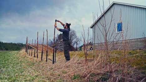 man building traditional fence (skigard) in norway
