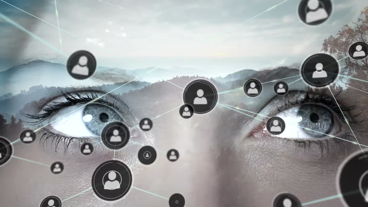 Animation of network of connections with people icons over woman's face