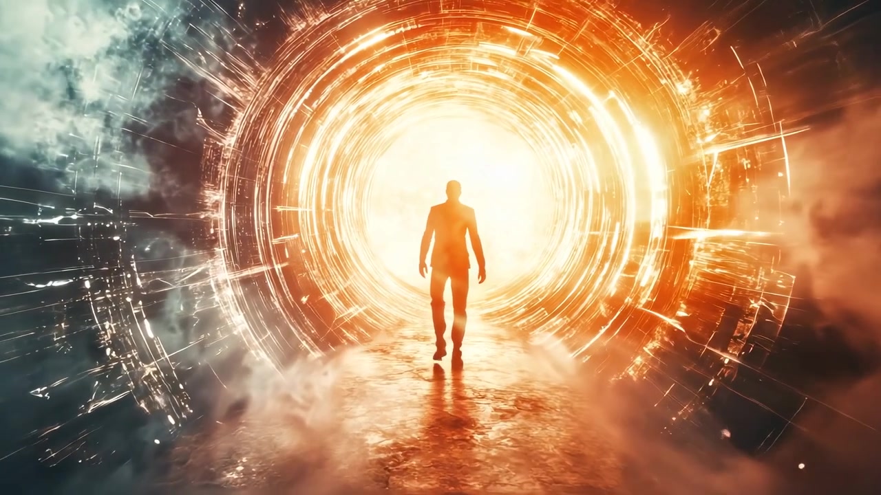 Silhouette of a Man Walking Toward a Glowing Golden Portal
