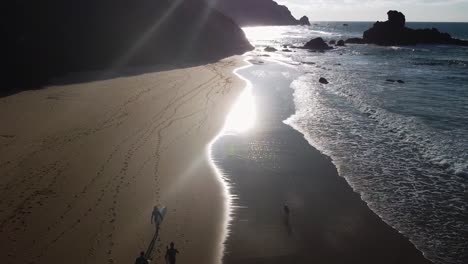 a group of surfers and a dog walking along the beach during the sunset in algarve, portugal