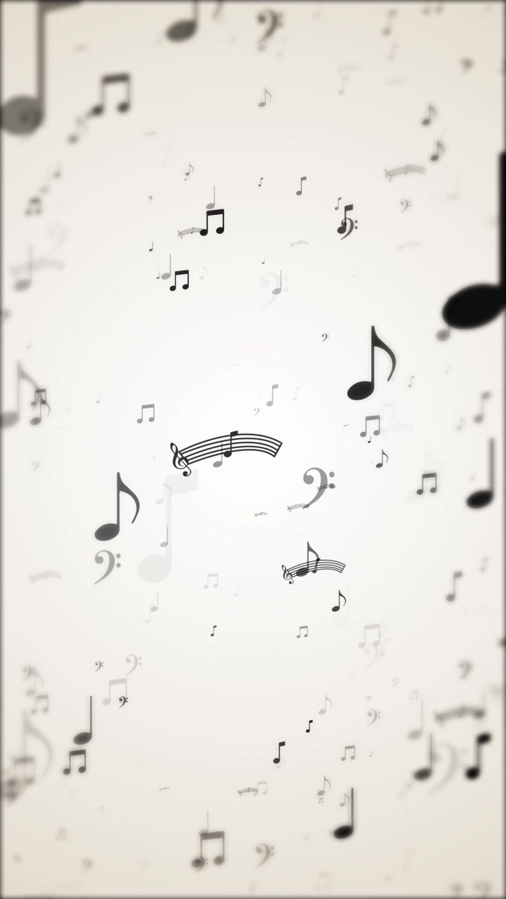 Immagine di note musicali soffici, simboli fluttuanti, bagliore bianco pulito e profondità delicata per video musicali audio.