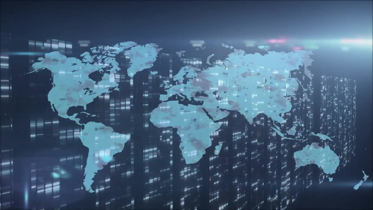 World map shifting cyan on lens flare, columns lighting and nodes pulsing, showing network flow