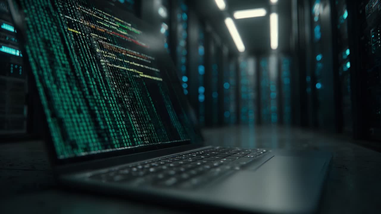 A Glimpse into the Digital World: Explore the Intricate Layers of Code on a Laptop Surrounded by a High-Tech Data Center Environment