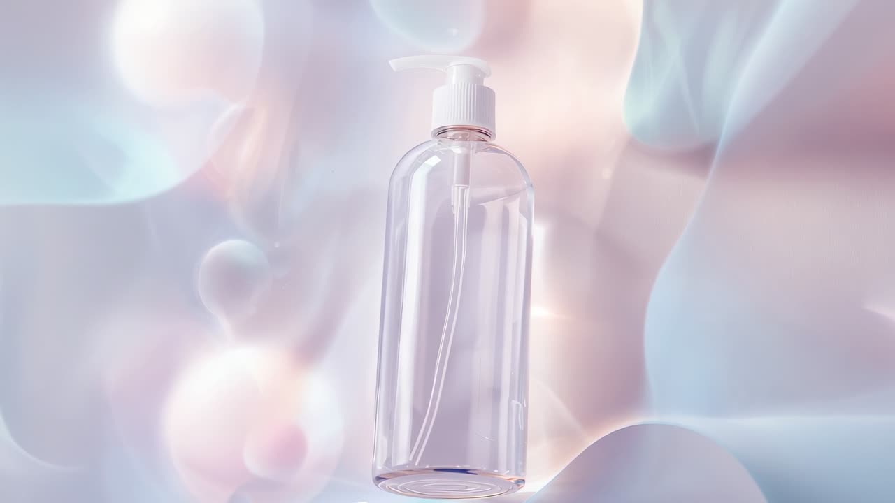 Starting pump bottle rotating clockwise, rising, reversing and falling against pastel backdrop