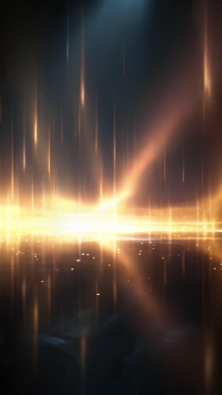 Una visualizzazione mozzafiato di riflessi di luce astratti e fasci di luce verticali che creano un'atmosfera enigmatica di profondità e splendore in un ambiente digitale.