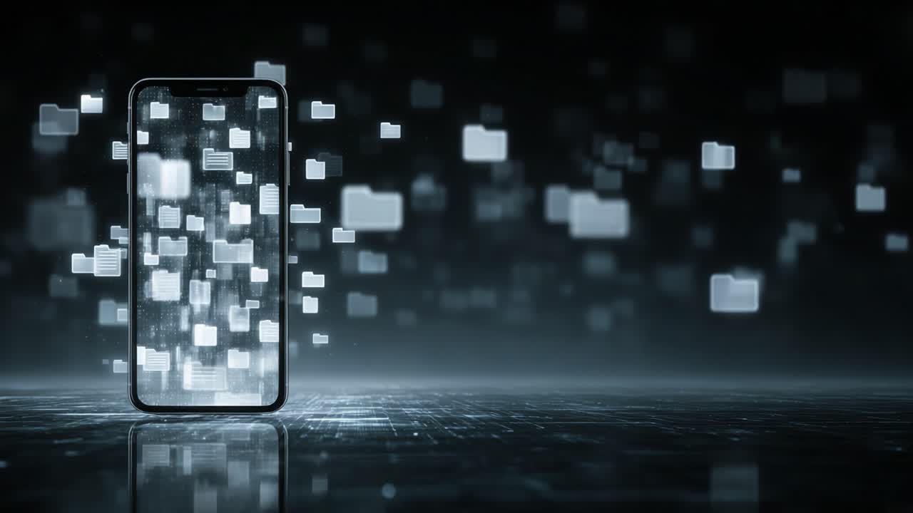 Digital Data Flow: A Visual Exploration of Information Transmission Through a Smartphone Screen with Floating Icons Representing Modern Connectivity