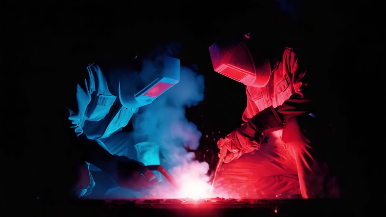 A Dynamic Contrast of Artistry and Skill in Welding: Two Welders Illuminate the Darkness with Sparks of Creativity and Collaboration in Vivid Colors