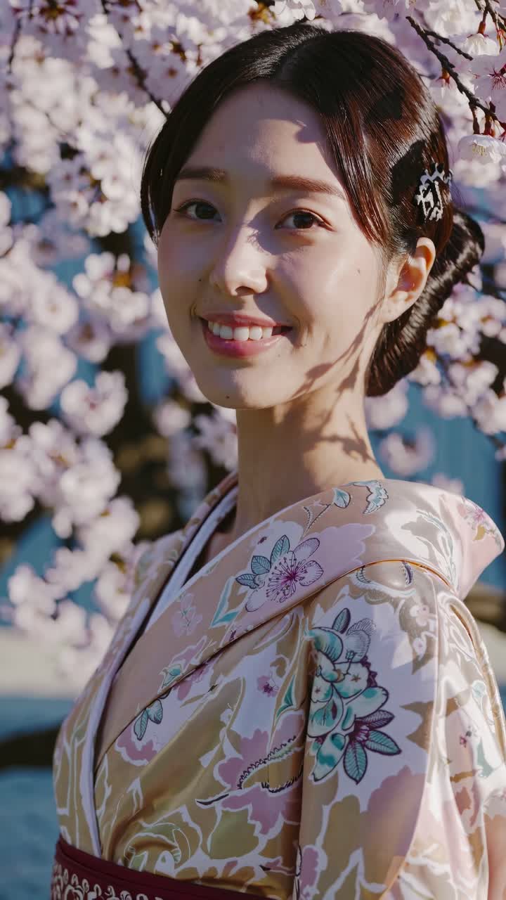 Una mujer con un kimono floreado está de pie bajo unos cerezos en flor. El ángulo lateral capta un ambiente sereno.