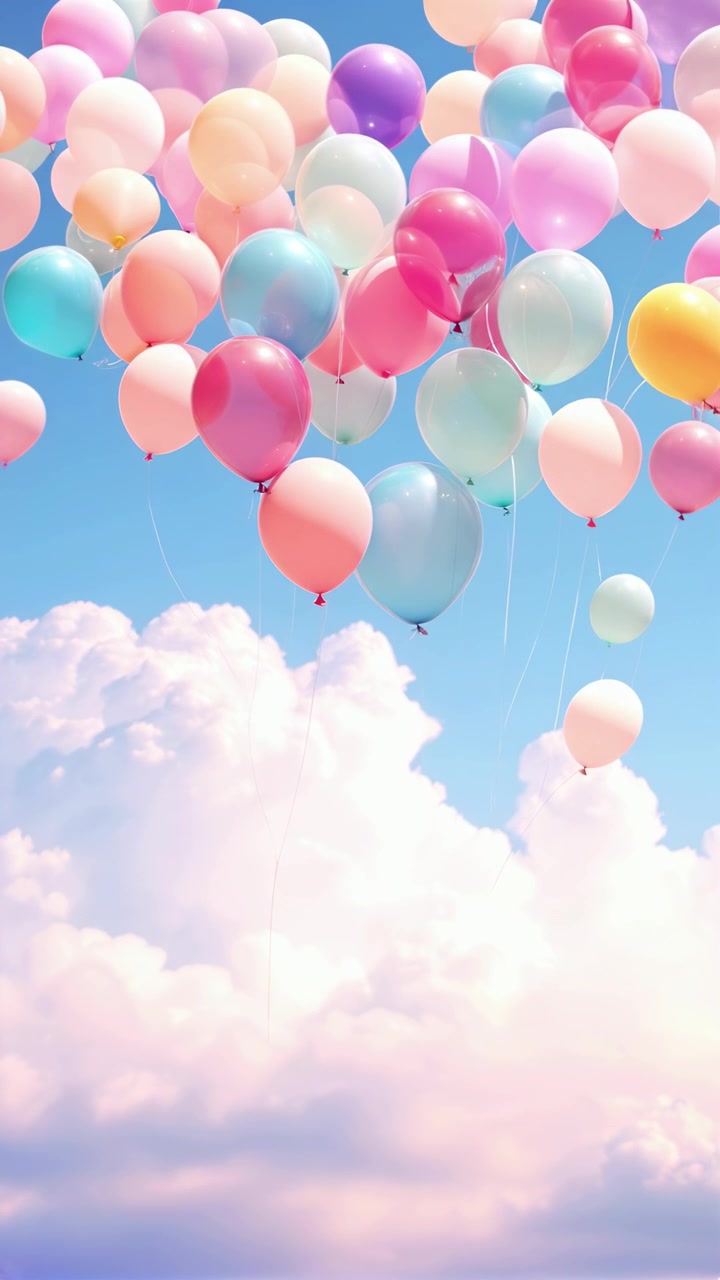 Palloncini pastello vivaci che fluttuano in un cielo azzurro limpido con nuvole