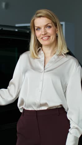 woman in business attire in a car showroom