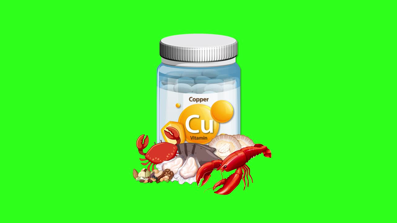 Copper supplement bottle surrounded by crab, shrimp, and shellfish, smoothly assembling on vibrant green background