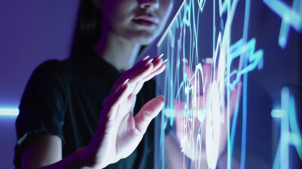 Woman Interacting with Futuristic Transparent Data Display