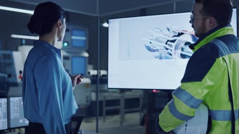 reunión en la oficina: una gerente confiada habla con un ingeniero masculino, viendo una tabla blanca digital interactiva que muestra el nuevo concepto 3d de motor sostenible y ecológico. fábrica moderna con maquinaria
