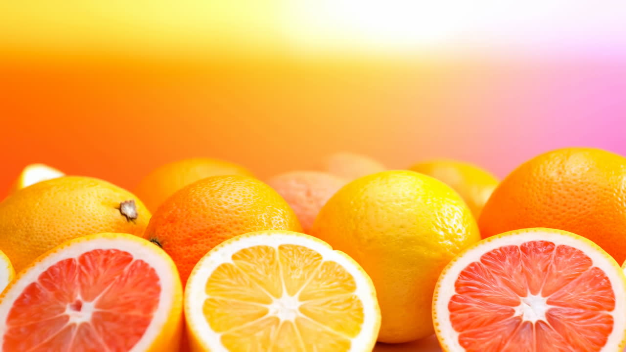 Fila di arance e pompelmi a fette, sfondo sfumato illuminato dal sole, natura morta ravvicinata per esposizione di un juice bar.