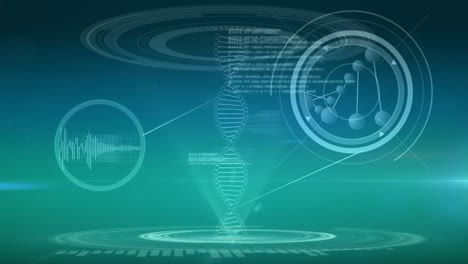 dna double helix with heart ecg, molecule model, and program codes