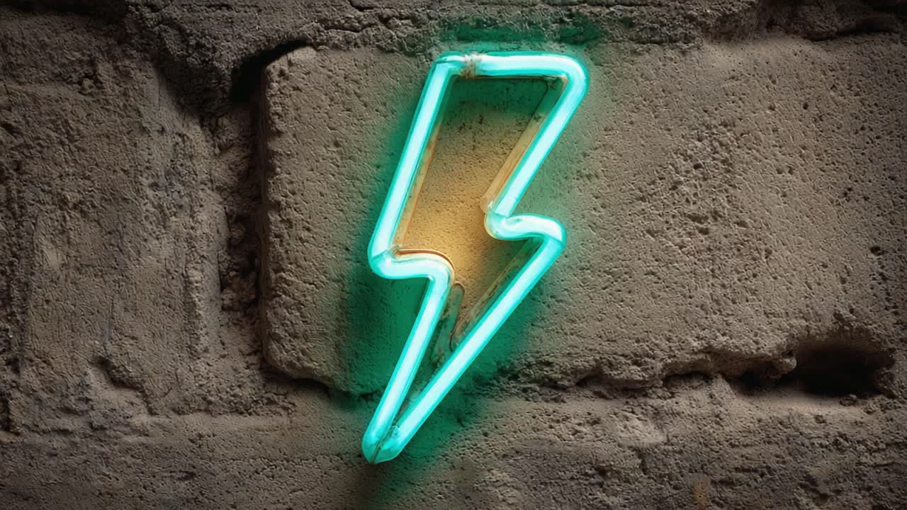 A Vibrant Neon Lightning Bolt Highlighting Raw Brick Wall Texture with an Electric Aura, Capturing the Spirit of Modern Design and Creative Energy