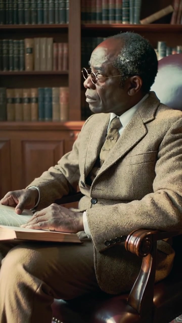 Vertical video: Opening large book senior man leafing pages studying in study tweed glasses