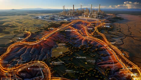 colorful sunset above a winding road with industry afar