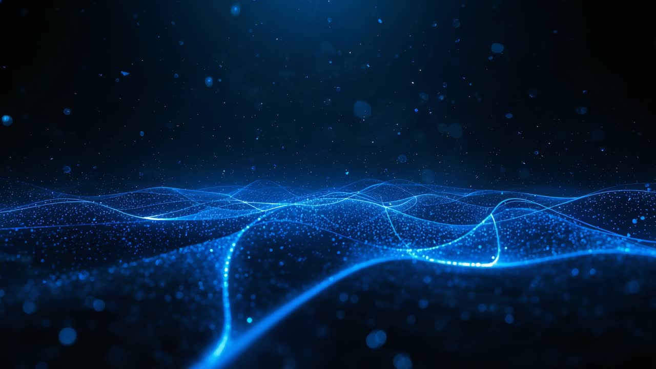 Loop starting, blue point mesh undulating over dark void, particles ...