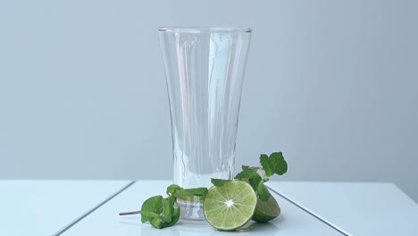 water-drops-and-mint-leaf-fall-into-empty-tall-glass