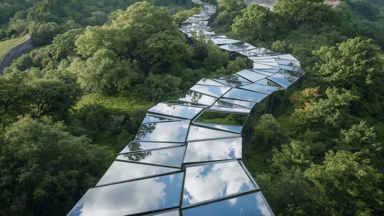 Gliding camera revealing mirrored walkway winding through woodland, showing columns and cutouts
