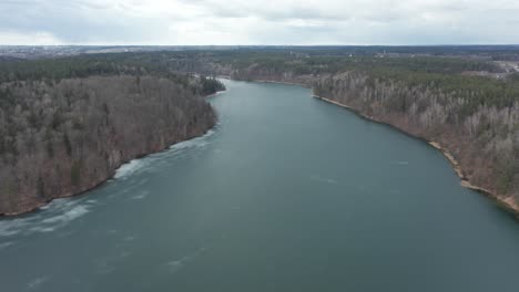 aéreo: panorama natural del lago congelado con bosques que crecen en las costas