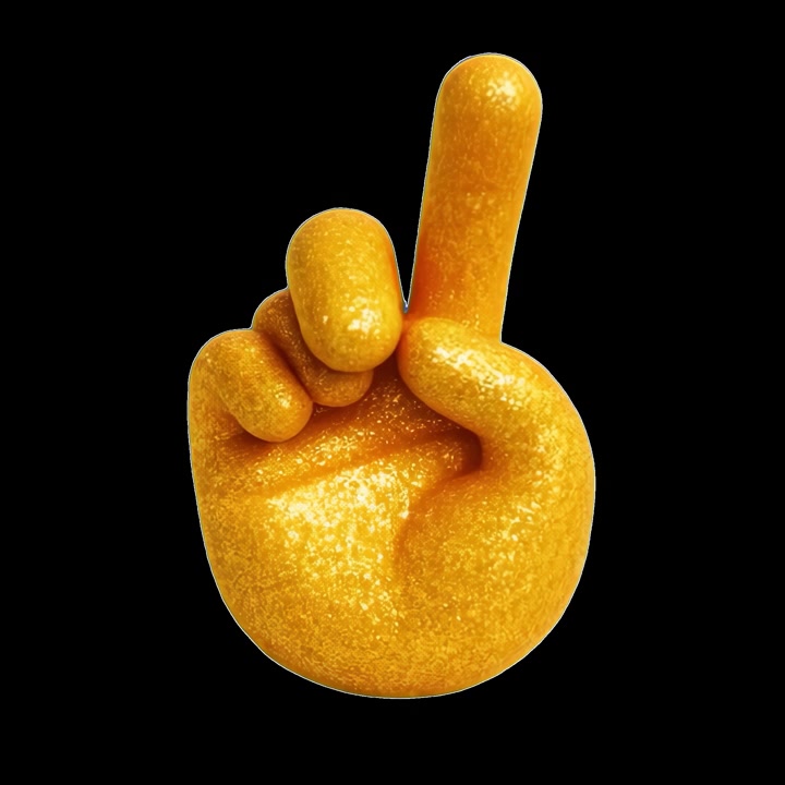 Gesto della mano animato in 3D con glitter dorati che alterna tra il segno della pace e il numero uno
