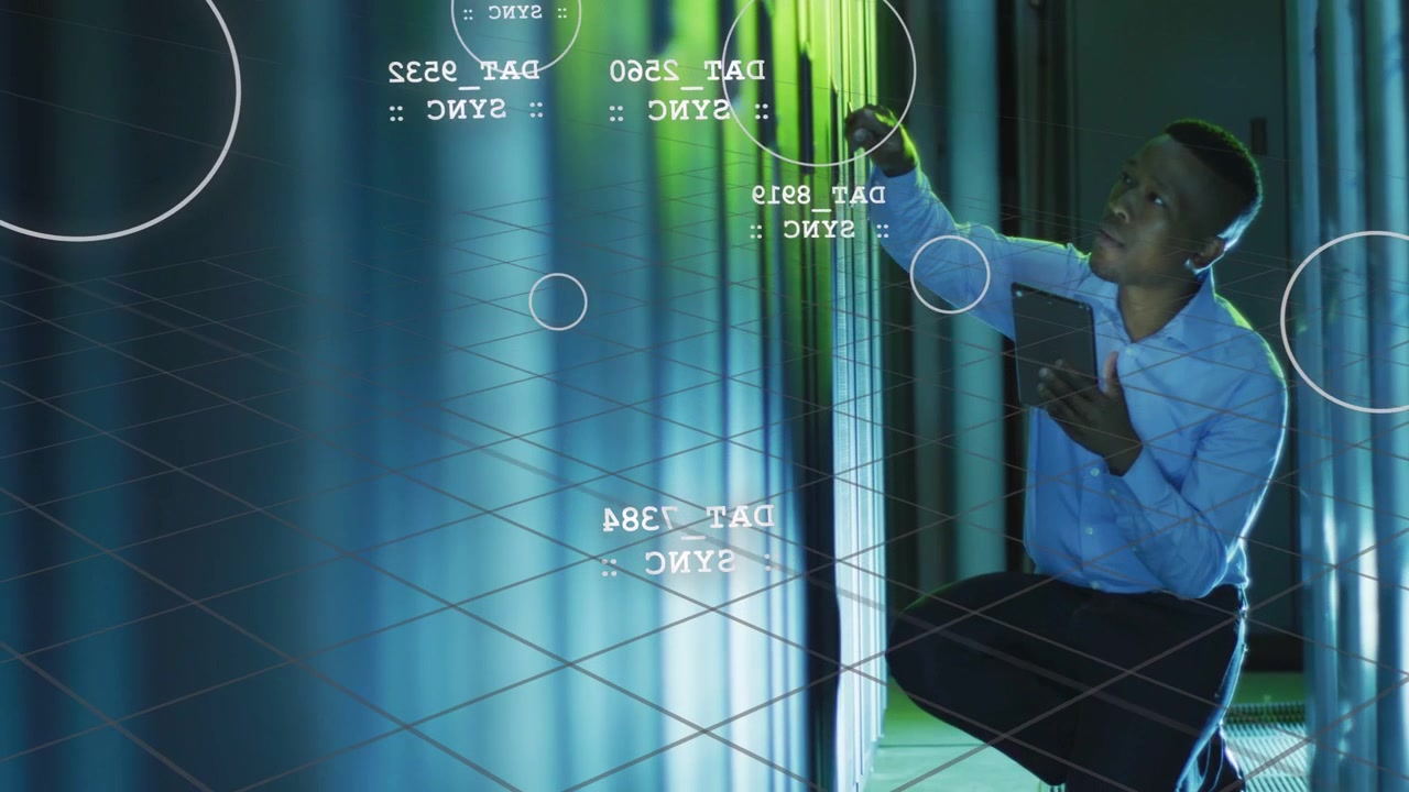 Tablet sending scan, technician kneeling and inspecting server racks, syncing with AR overlays