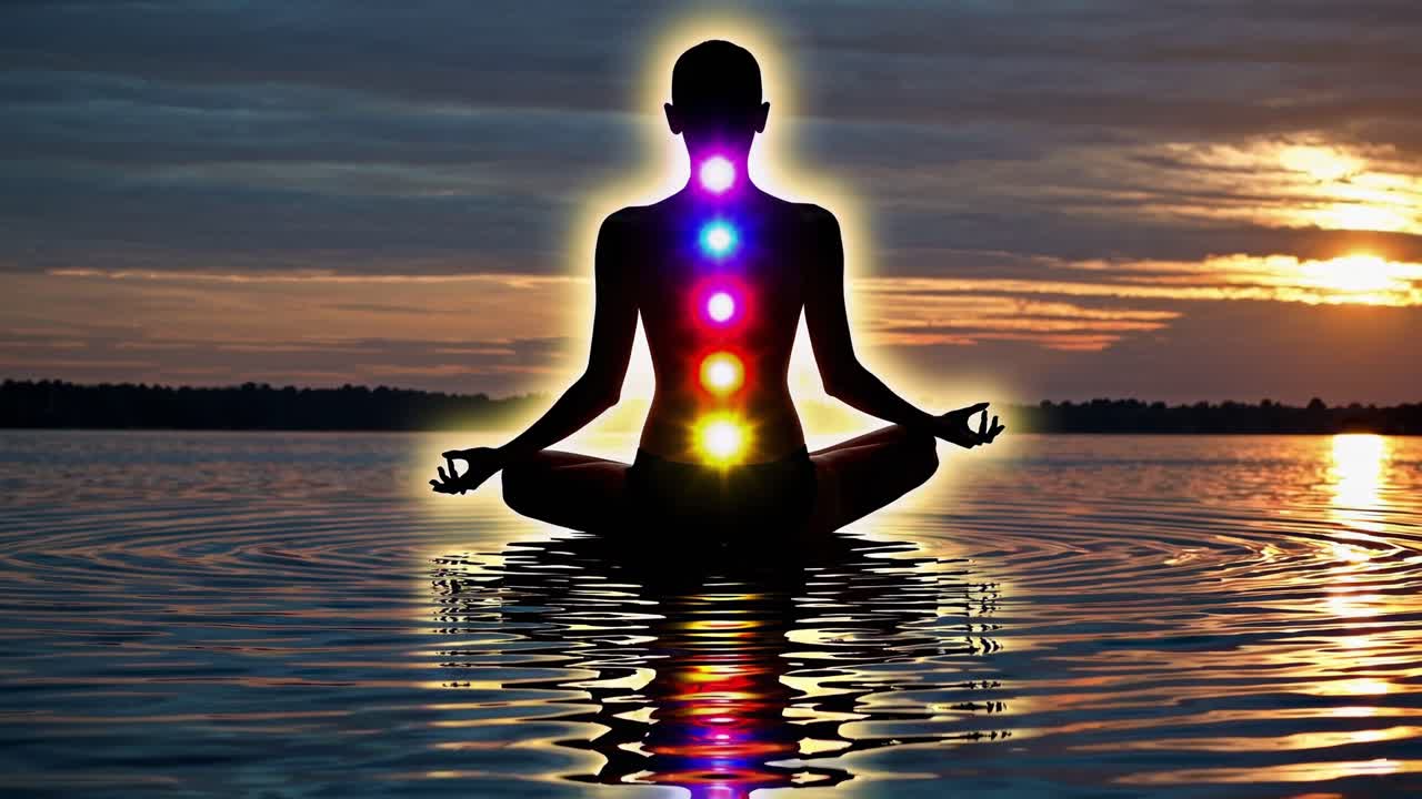 Silhouette of a woman meditating on water at sunset, with her seven chakras aligned and glowing, creating a colorful reflection on the rippling water surface