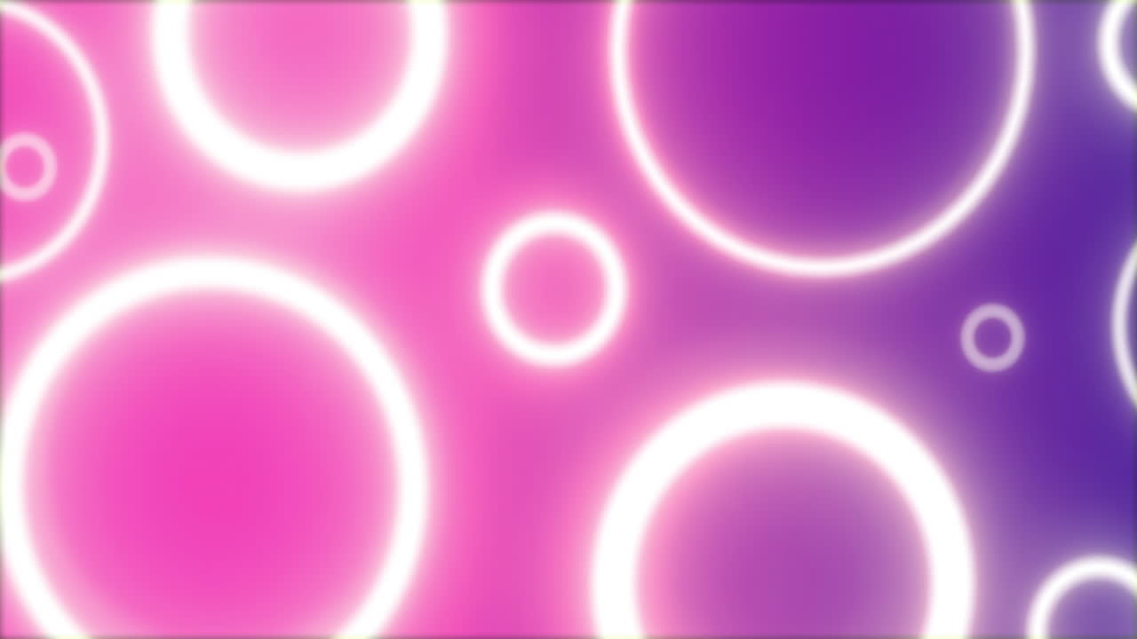 Pulsating white neon rings in various sizes glowing on pink and purple background