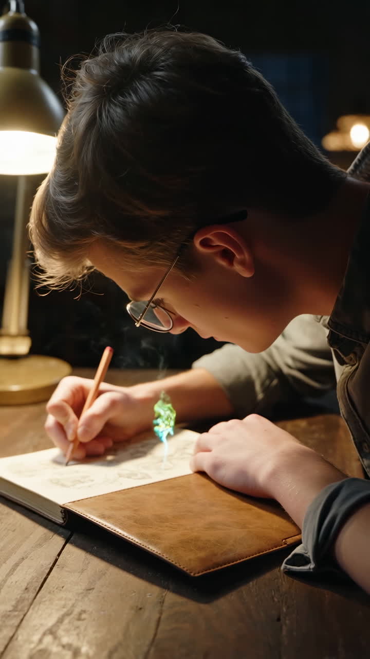 Focused Artist Sketching with Fantastical Light Effects