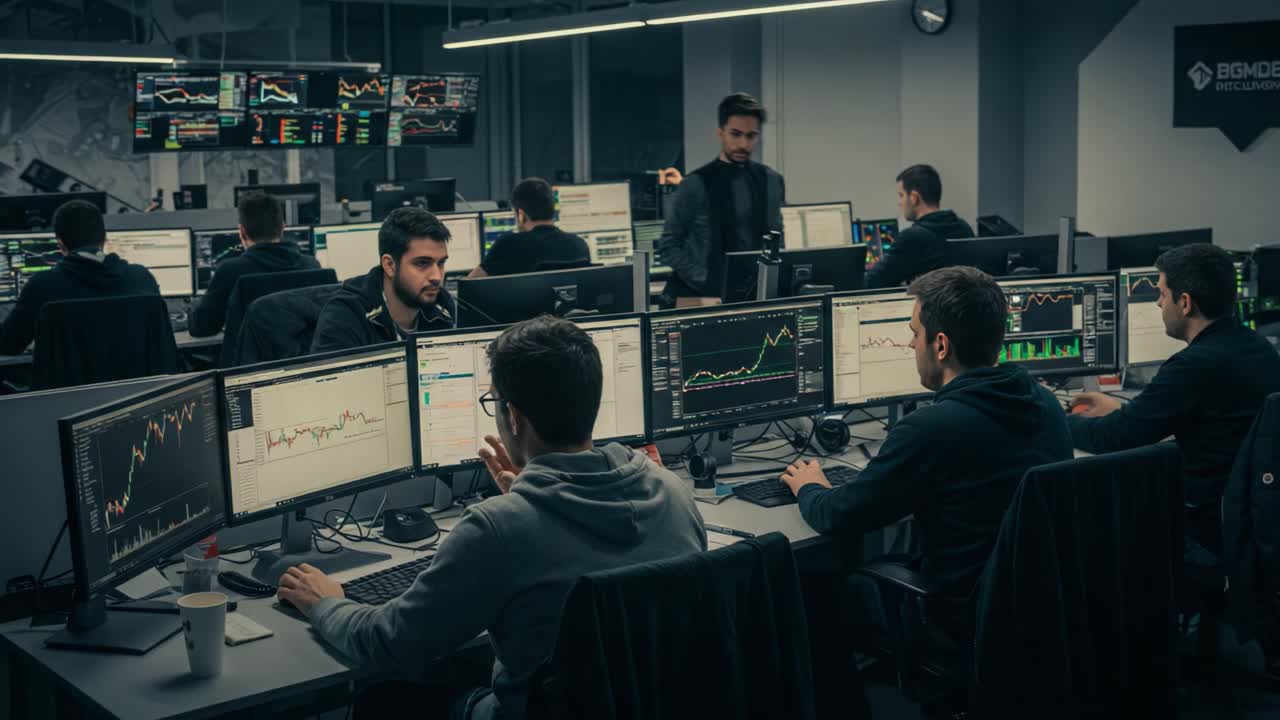 Intense Trading Floor Atmosphere: Analysts Engaged with Multiple Monitors, Analyzing Market Trends and Strategies in a Dynamic Work Environment