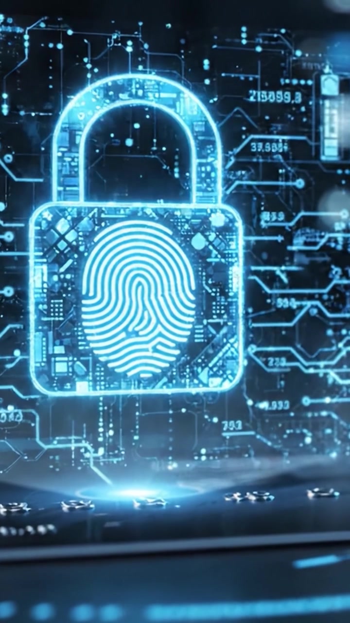 A futuristic digital security system visual, showcasing a glowing lock and fingerprint technology integrated into a high-tech interface. Explore modern cybersecurity advancements in a sleek design.