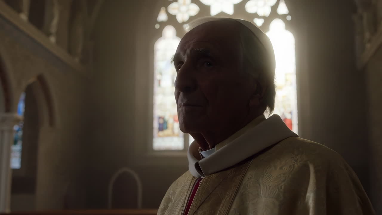Elderly Religious Figure in Church with Stained Glass Light