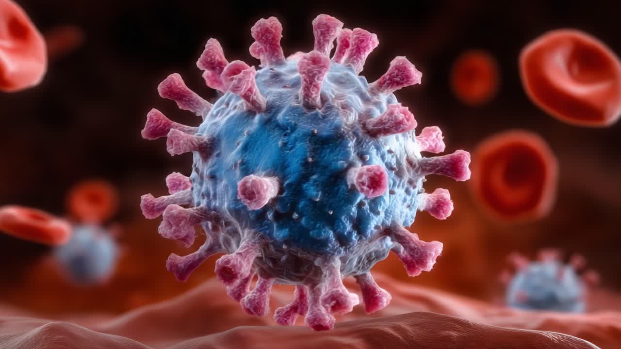 Detailed 3D Visualization of a Virus Cell, Highlighting Its Structure with Spikes and Coloration, Surrounded by Red Blood Cells in an Intimate Biological Landscape