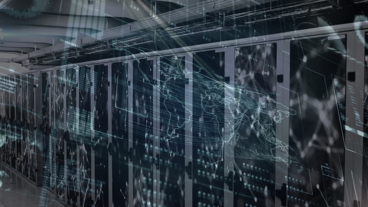 Animation of network of connections and data processing over server room