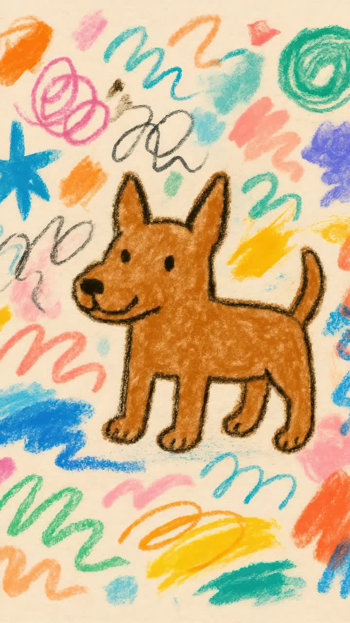 Colorful crayon drawing of a dog with playful scribbles, captured from a top-down angle, reminiscent