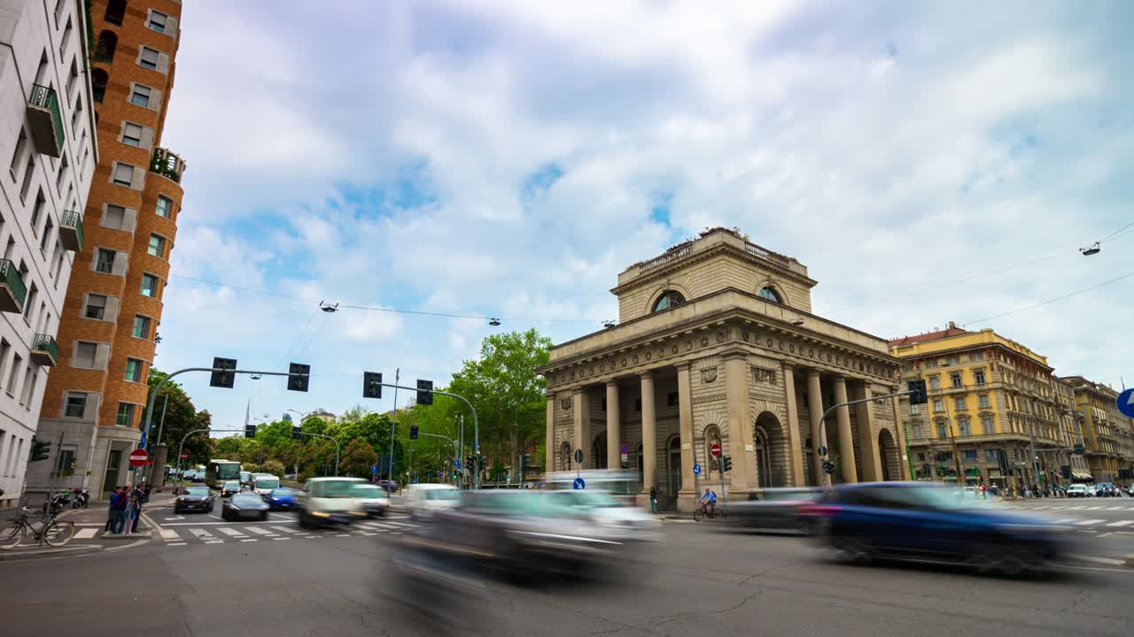 이탈리아 밀라노 시, 은 날, 교통, 거리, 교차로, 파노라마, 4k 타임스