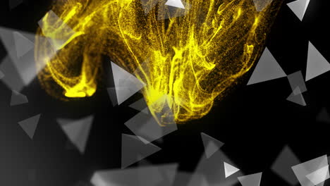 yellow swirling particles and floating triangles animation on black background